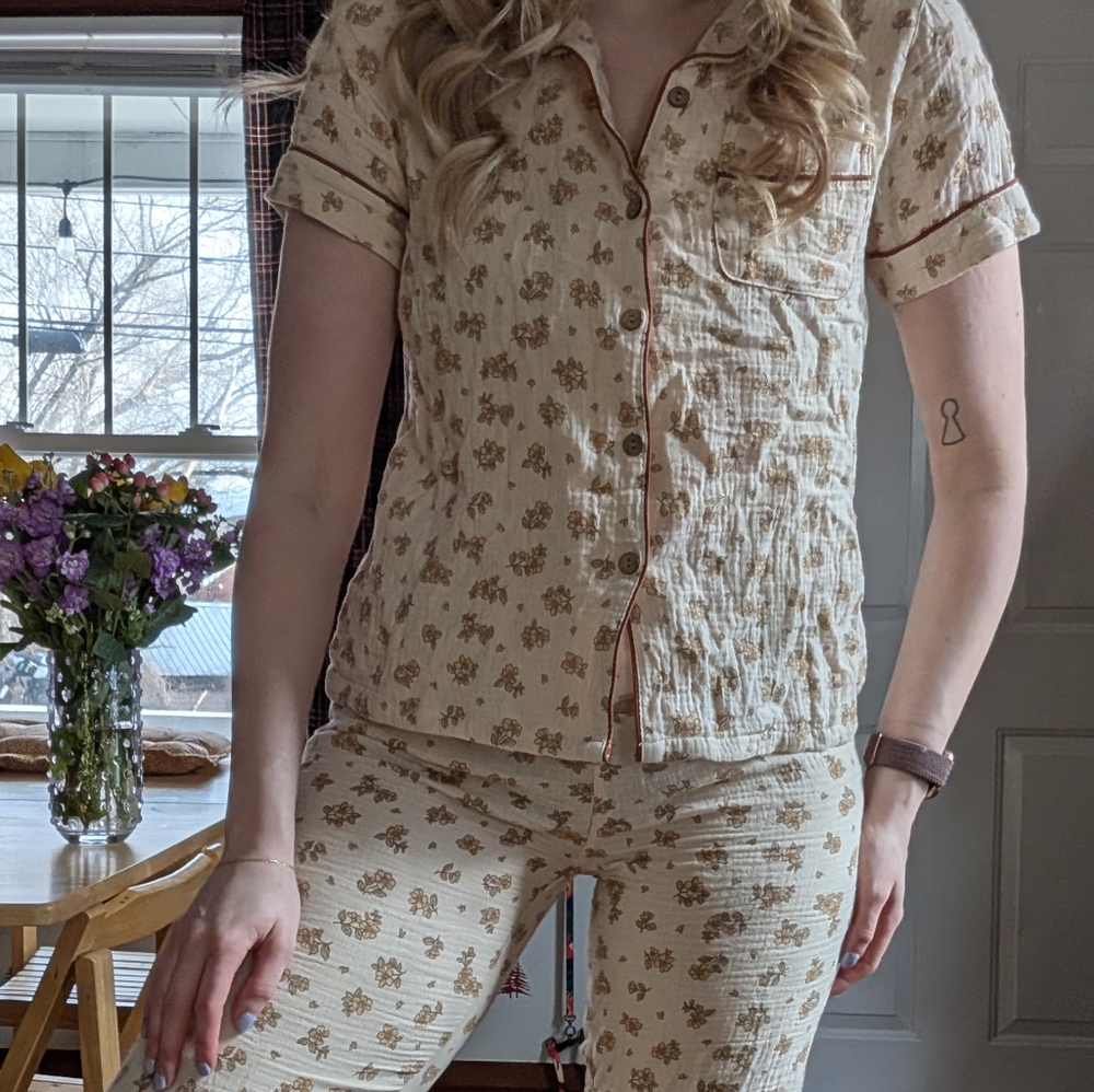 Floral Beige Button-Up Pajama Set